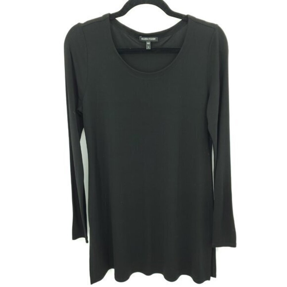Eileen Fisher Stretch Silk Scoop Neck Long Sleeve Mini Dress/Tunic Top S Black